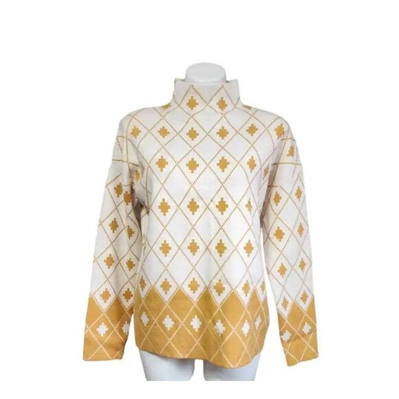 Rachel Zoe Funnel Neck Geometric Sweater, M. Mustard and White. Quality - Picture 1 of 16